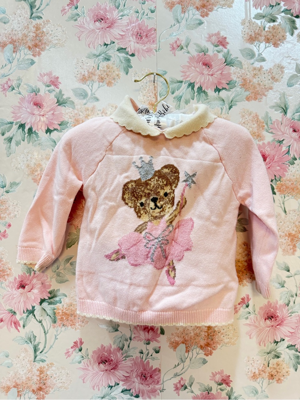 Girls' Pink Bear Ballet Sweater with Scallop Collar